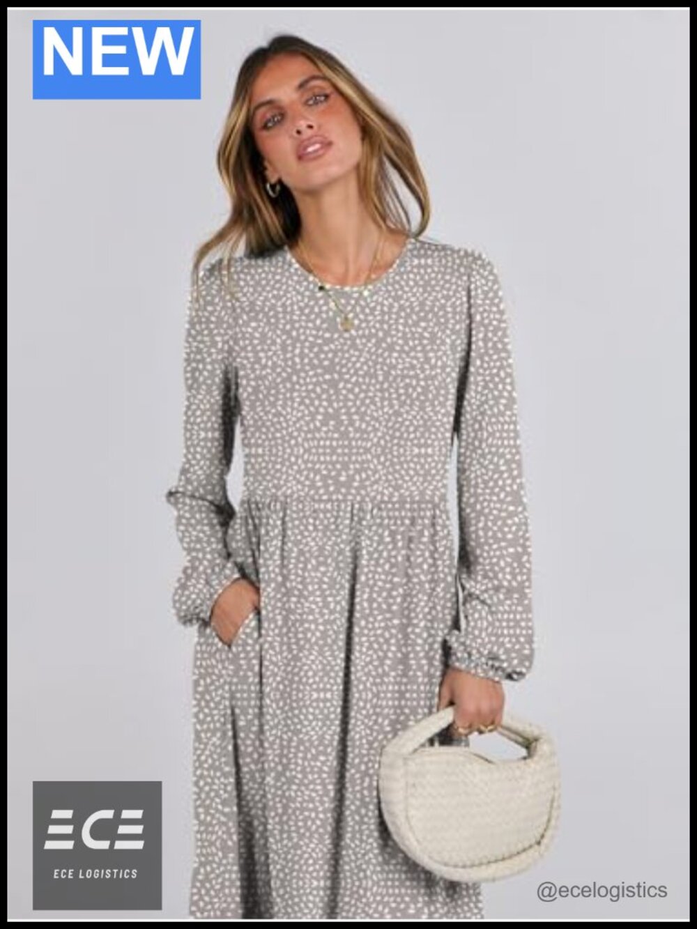 Women's Long Sleeve Flowy Tiered Midi Dress A-Line Crew Neck Pockets - Picture 4 of 6